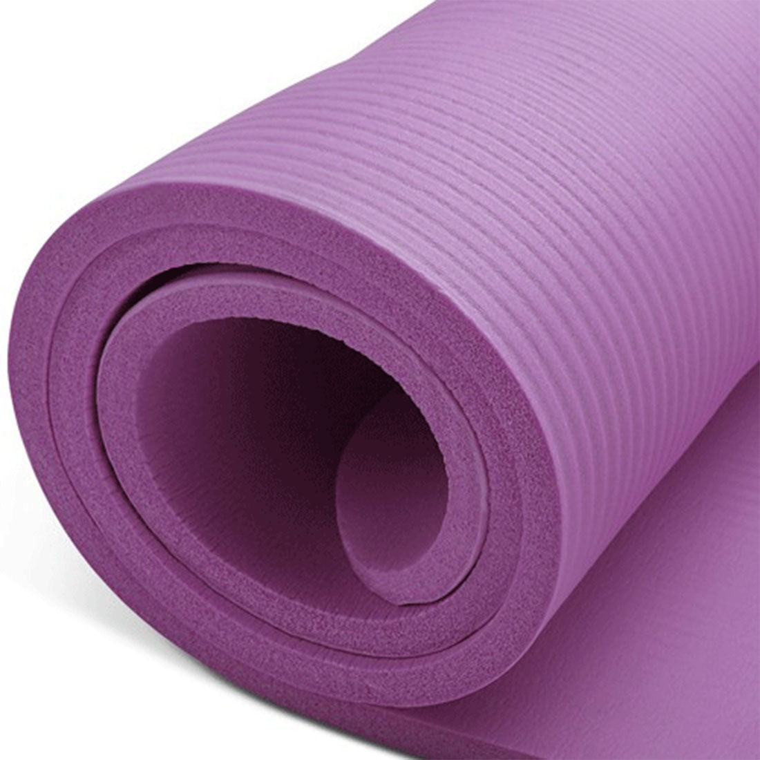 Purple 10mm thick NBR yoga mat from Hlpmedical, ideal for gym, Pilates, and fitness exercises, shown rolled out on the floor.