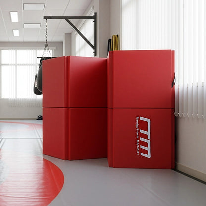 Red folding exercise mat from Hlpmedical, suitable for gymnastics, martial arts, yoga, karate, and judo training.