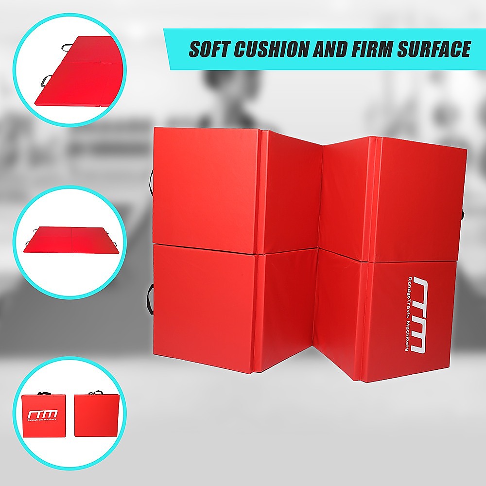 Red folding exercise mat by Hlpmedical, suitable for gymnastics, martial arts, yoga, karate, and judo training.