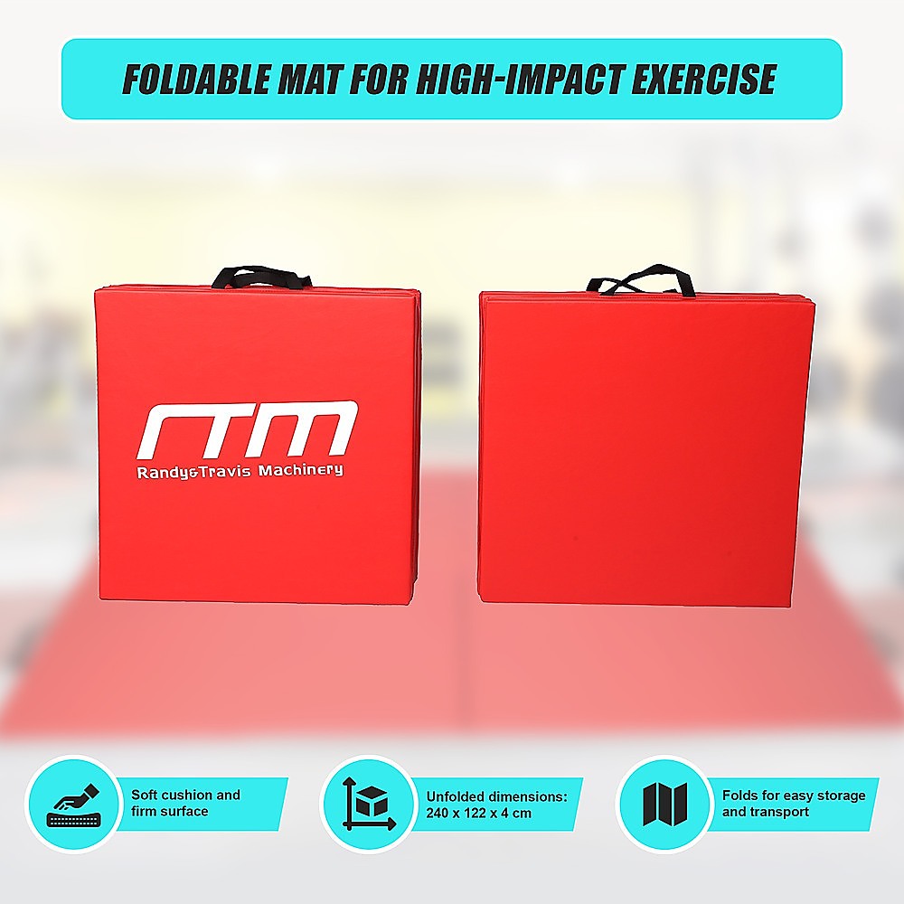 Red folding exercise mat by Hlpmedical, ideal for gymnastics, yoga, martial arts, karate, and judo training on a padded surface.