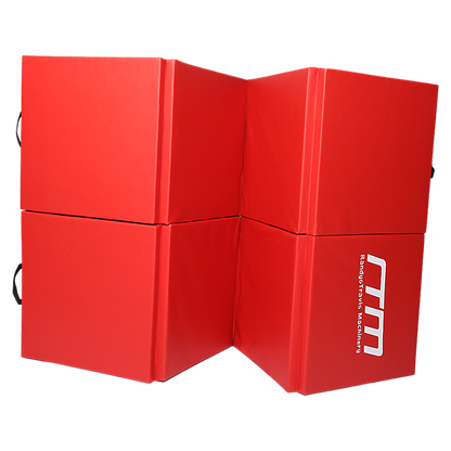 Red folding exercise mat by Hlpmedical, ideal for gymnastics, martial arts, yoga, karate, and judo training.