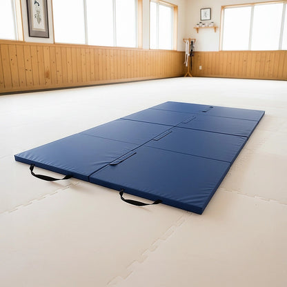 Blue folding exercise mat by Hlpmedical for gymnastics, yoga, martial arts, and fitness training, displayed folded and open.