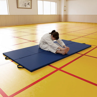 Blue folding exercise mat from Hlpmedical, ideal for gymnastics, martial arts, yoga, karate, and judo training.