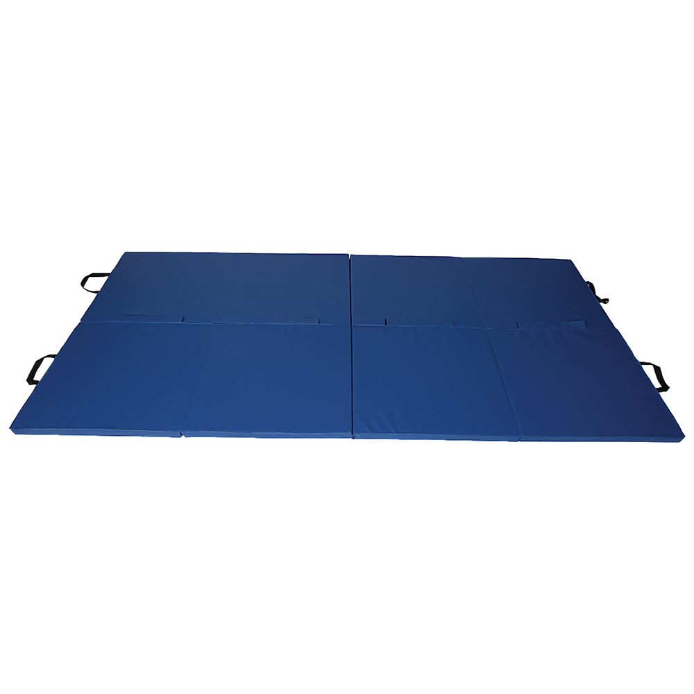 Blue folding exercise mat from Hlpmedical, suitable for gymnastics, yoga, martial arts, karate, and judo training.