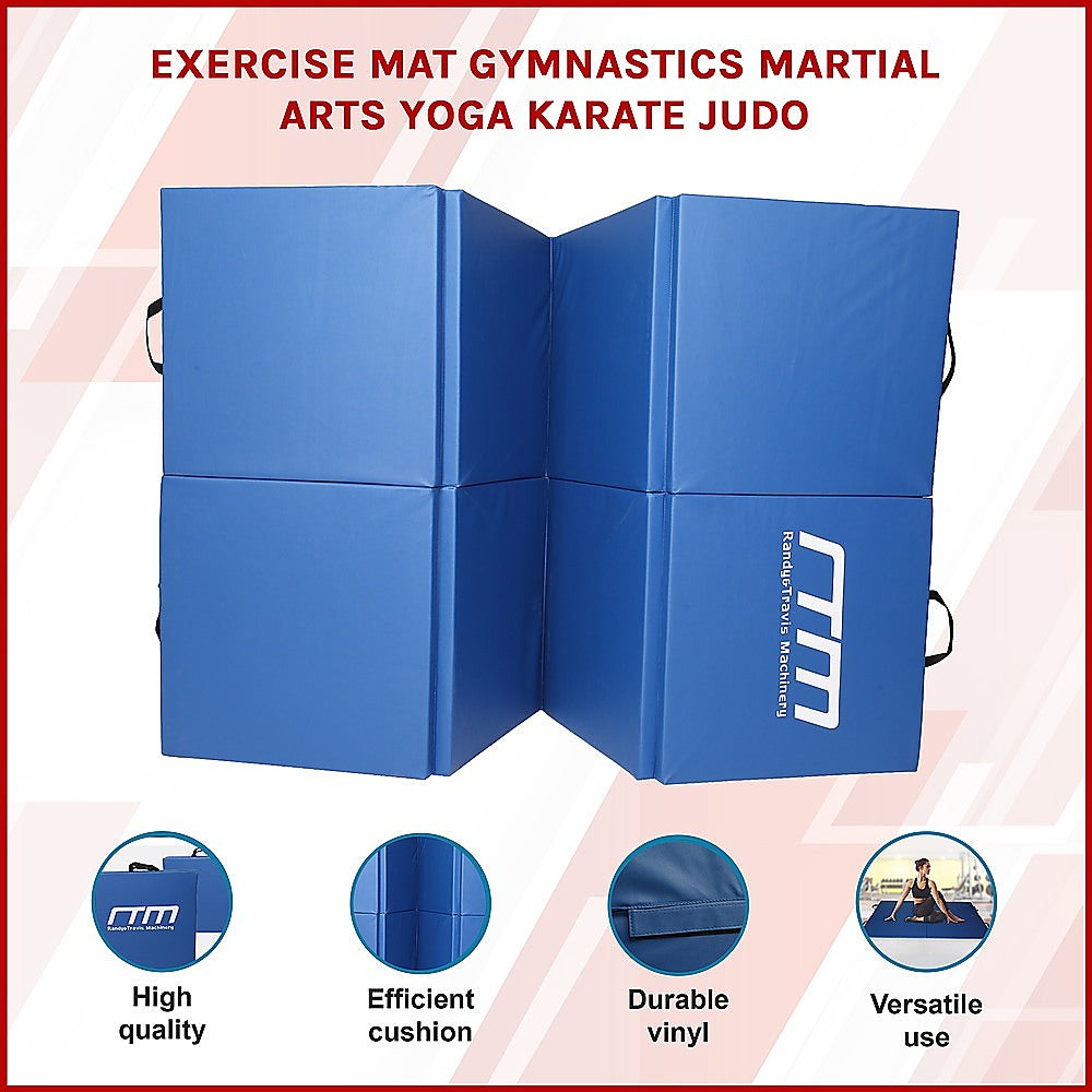 Blue folding exercise mat by Hlpmedical, suitable for gymnastics, martial arts, yoga, karate, and judo training.