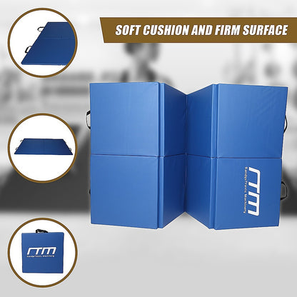 Blue folding exercise mat from Hlpmedical, suitable for gymnastics, martial arts, yoga, karate, and judo training.