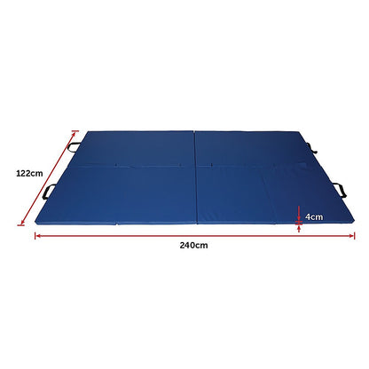 Blue folding exercise mat by Hlpmedical for gymnastics, yoga, martial arts, karate, and judo training, shown folded and unfolded.