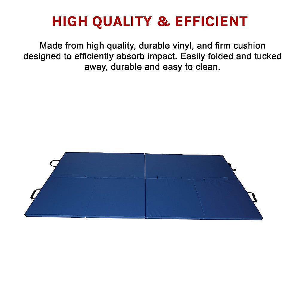Blue folding exercise mat by Hlpmedical, suitable for gymnastics, martial arts, yoga, karate, and judo training.