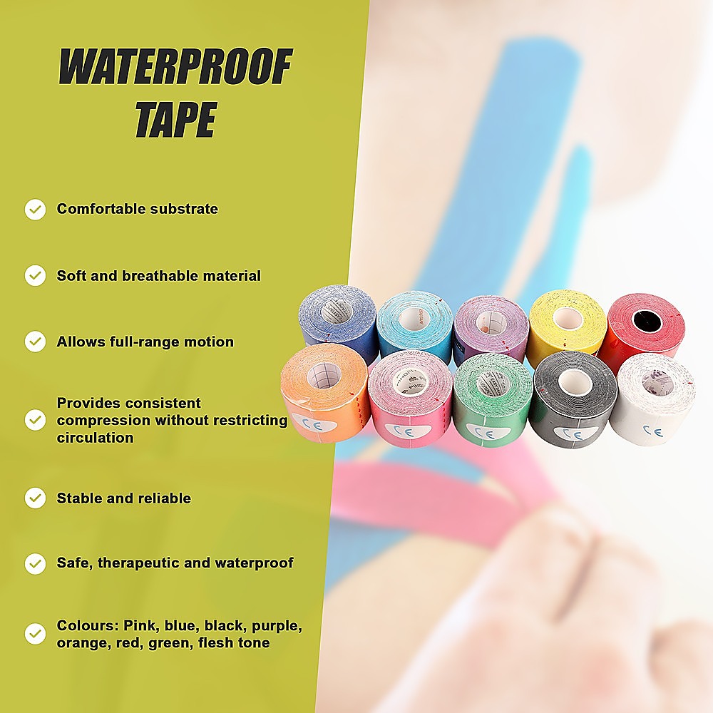 10 Rolls Muscle & Injury Kinesiology Sports Tape 5m x 5cm – Waterproof Support