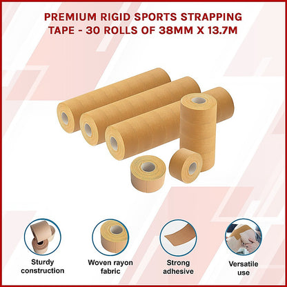 Box of 30 rolls of Hlpmedical Premium Rigid Sports Strapping Tape, 38mm wide, 13.7m length, for sports injury support.