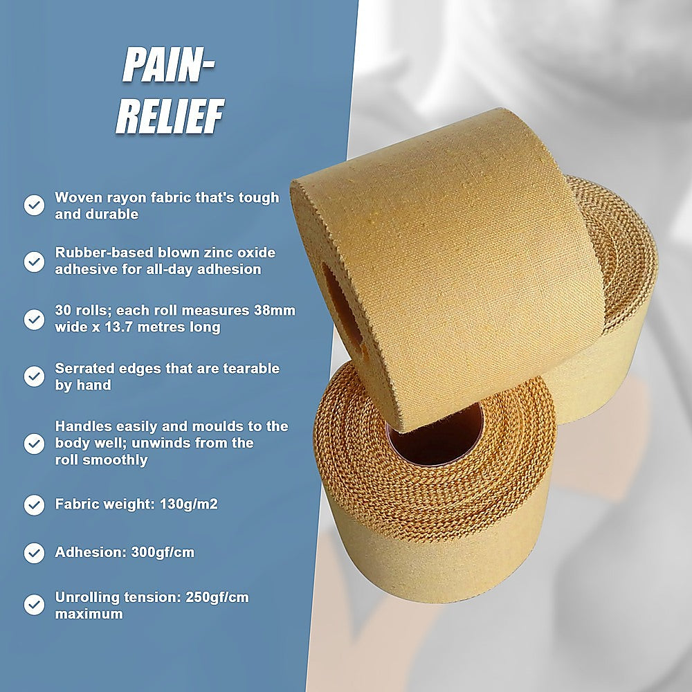 Box of 30 rolls of Hlpmedical rigid sports strapping tape, 38mm x 13.7m for support and injury prevention in sports and fitness.