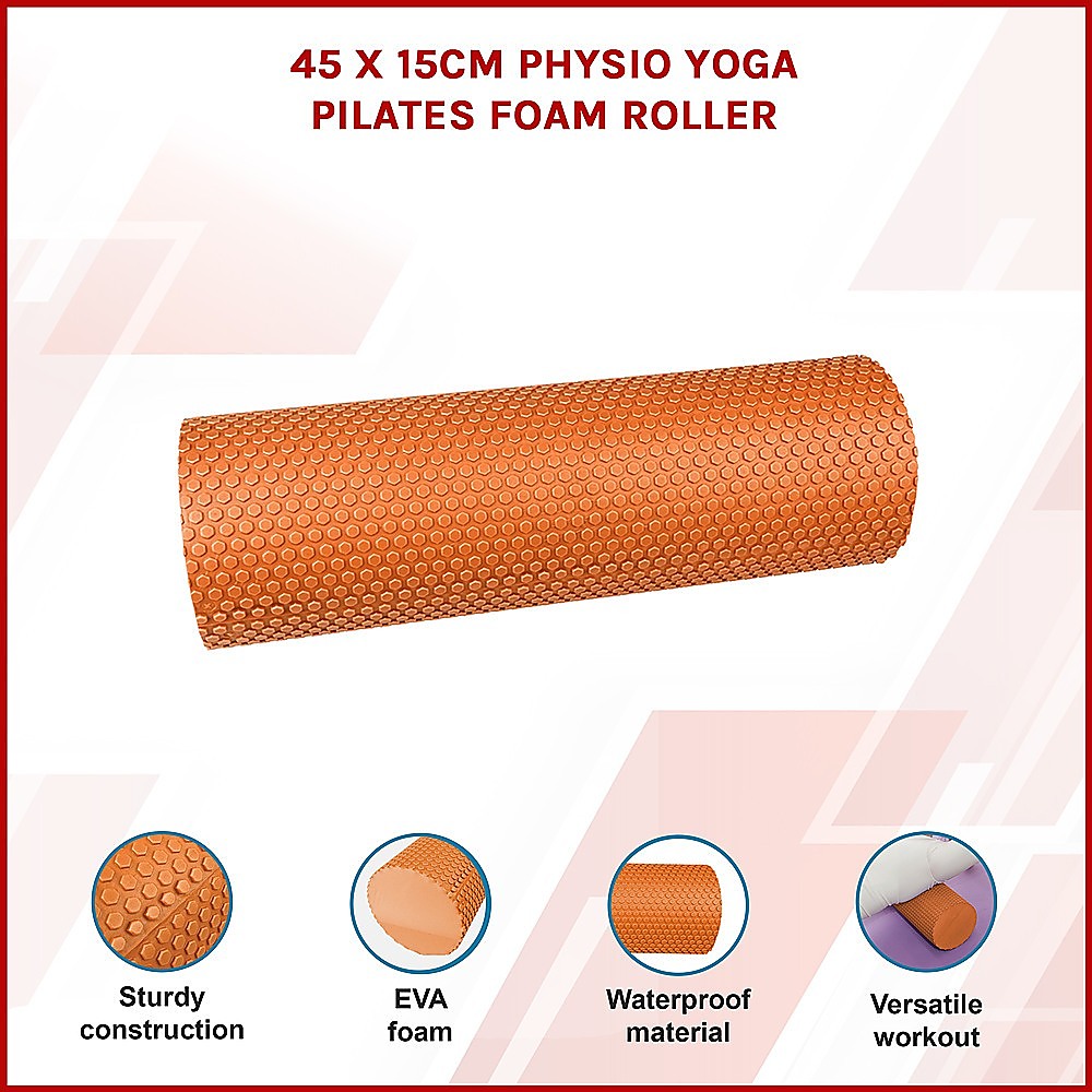 Hlpmedical foam roller measuring 45x15cm, used for yoga, Pilates, and physical therapy exercises, with a textured surface for grip.