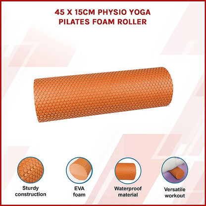 Hlpmedical foam roller measuring 45x15cm, used for yoga, Pilates, and physical therapy exercises, with a textured surface for grip.