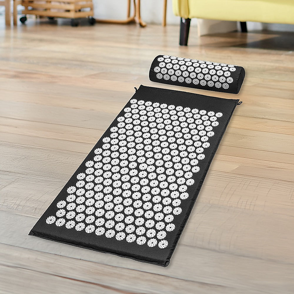 Hlpmedical acupressure yoga mat with pillow for pain relief, stress reduction, and soreness, designed for yoga and fitness exercises.
