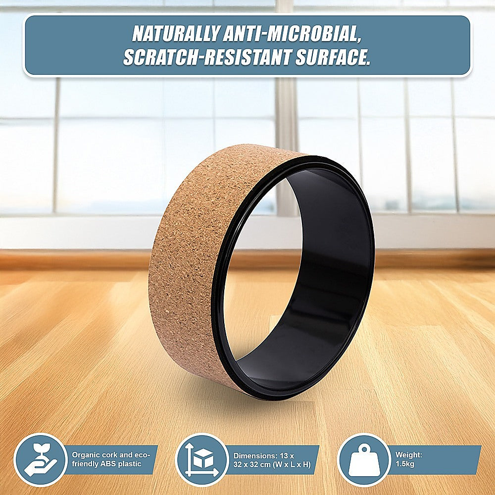Hlpmedical yoga Pilates wheel made of cork, used for back, chest, hips, and abdomen stretching exercises.