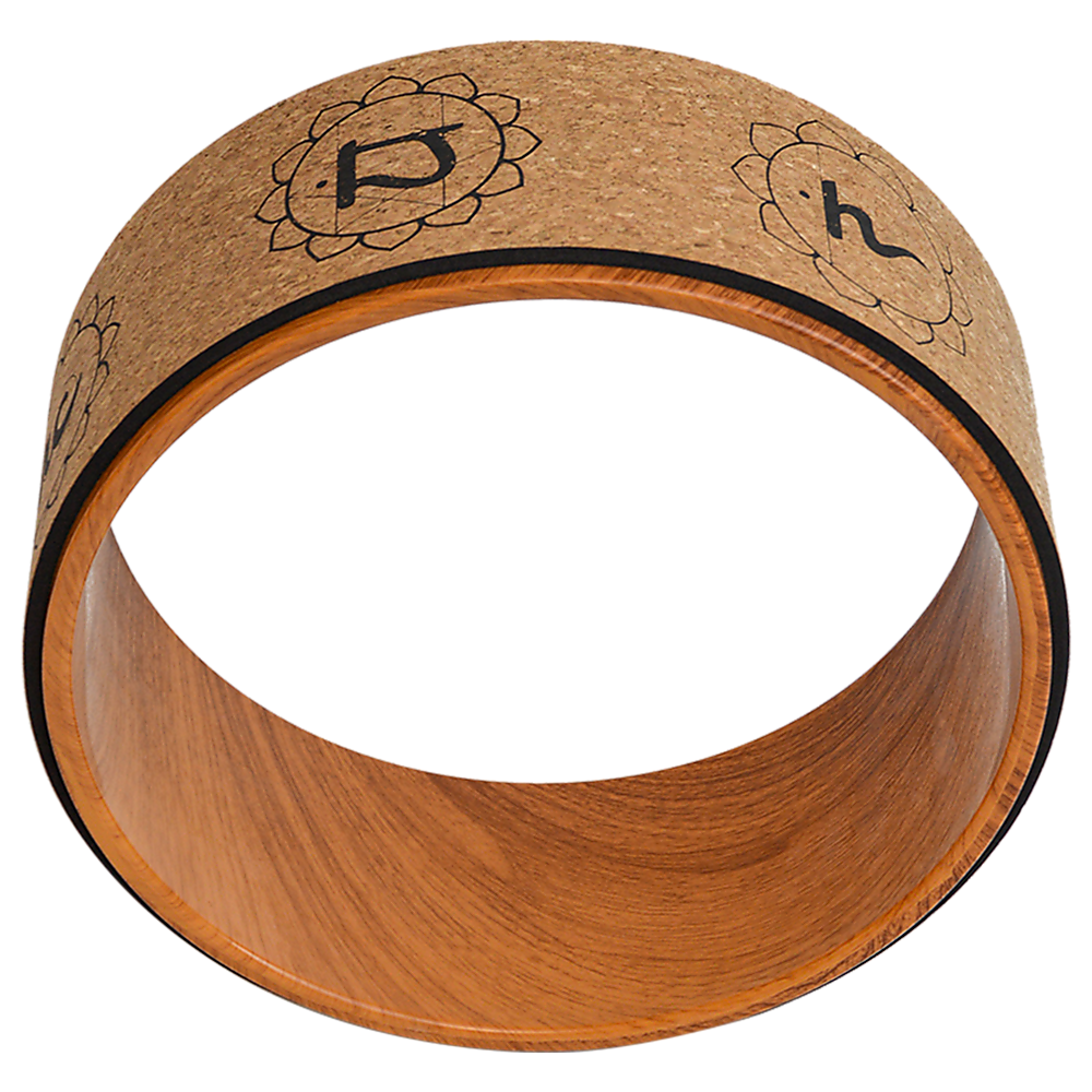 Hlpmedical Yoga Pilates Wheel made of cork, used for back, chest, hips, and abdomen stretching during exercise and fitness routines.