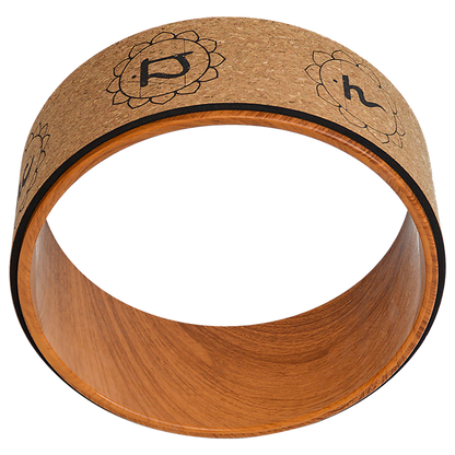 Hlpmedical Yoga Pilates Wheel made of cork, used for back, chest, hips, and abdomen stretching during exercise and fitness routines.