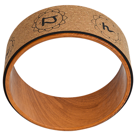 Hlpmedical Yoga Pilates Wheel made of cork, used for back, chest, hips, and abdomen stretching during exercise and fitness routines.