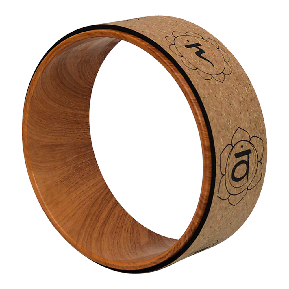 Hlpmedical yoga Pilates wheel made of cork, used for back, chest, hips, and abdomen stretching exercises.