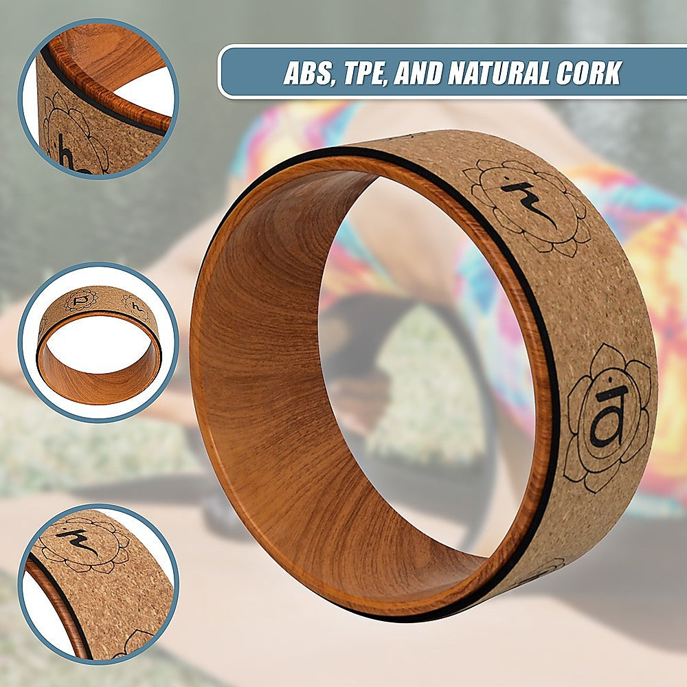 Hlpmedical Cork Yoga Pilates Wheel for back, chest, hips, and abdomen stretching, featuring a durable circular prop for exercise and flexibility.