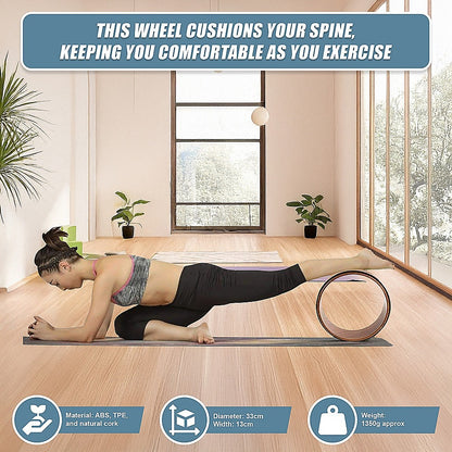Hlpmedical yoga Pilates wheel made of cork, used for back, chest, hips, and abdomen stretching and fitness exercises in gym or yoga.