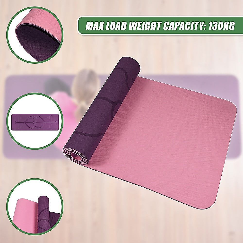 Hlpmedical 8mm TPE yoga mat with non-slip dual layer for exercise, fitness, and Pilates, shown laid out on gym floor.