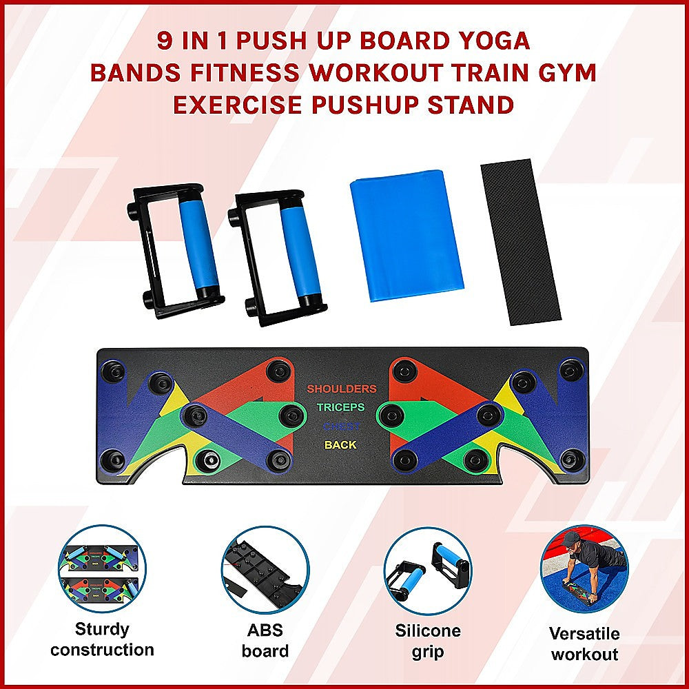 Hlpmedical 9-in-1 push-up board with yoga bands for fitness workout, gym exercise, and strength training.