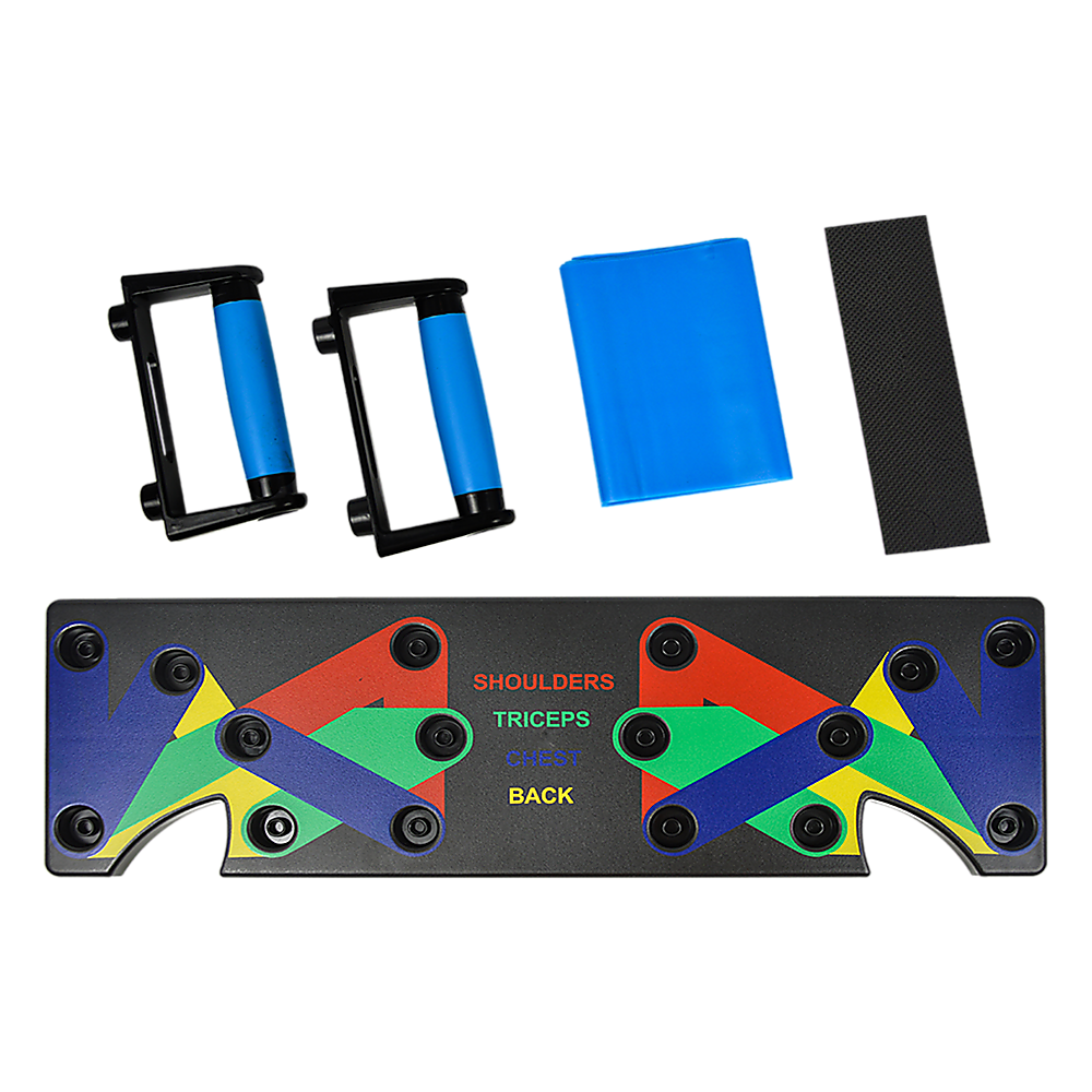 Hlpmedical 9-in-1 push-up board with yoga bands for fitness workout, gym exercise, and strength training in a home gym setting
