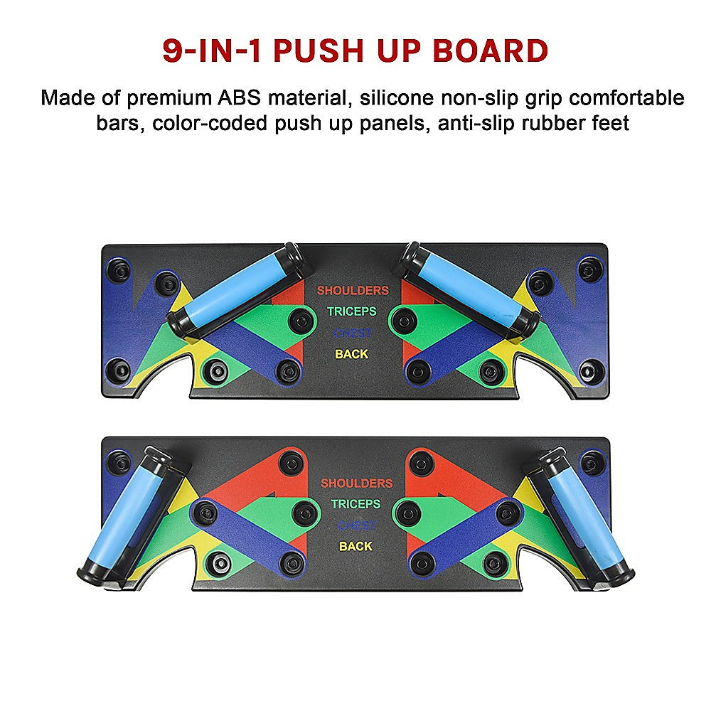 Hlpmedical 9-in-1 push-up board with yoga bands for fitness workouts, gym exercise, and strength training, on a workout surface.