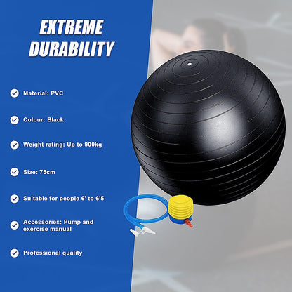 Hlpmedical 75cm static strength exercise stability ball with pump for yoga, Pilates, and fitness workouts.