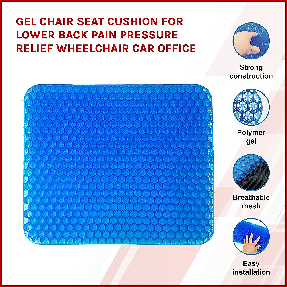 Hlpmedical gel chair seat cushion for lower back pain relief, suitable for wheelchair, car, and office use, with ergonomic design.