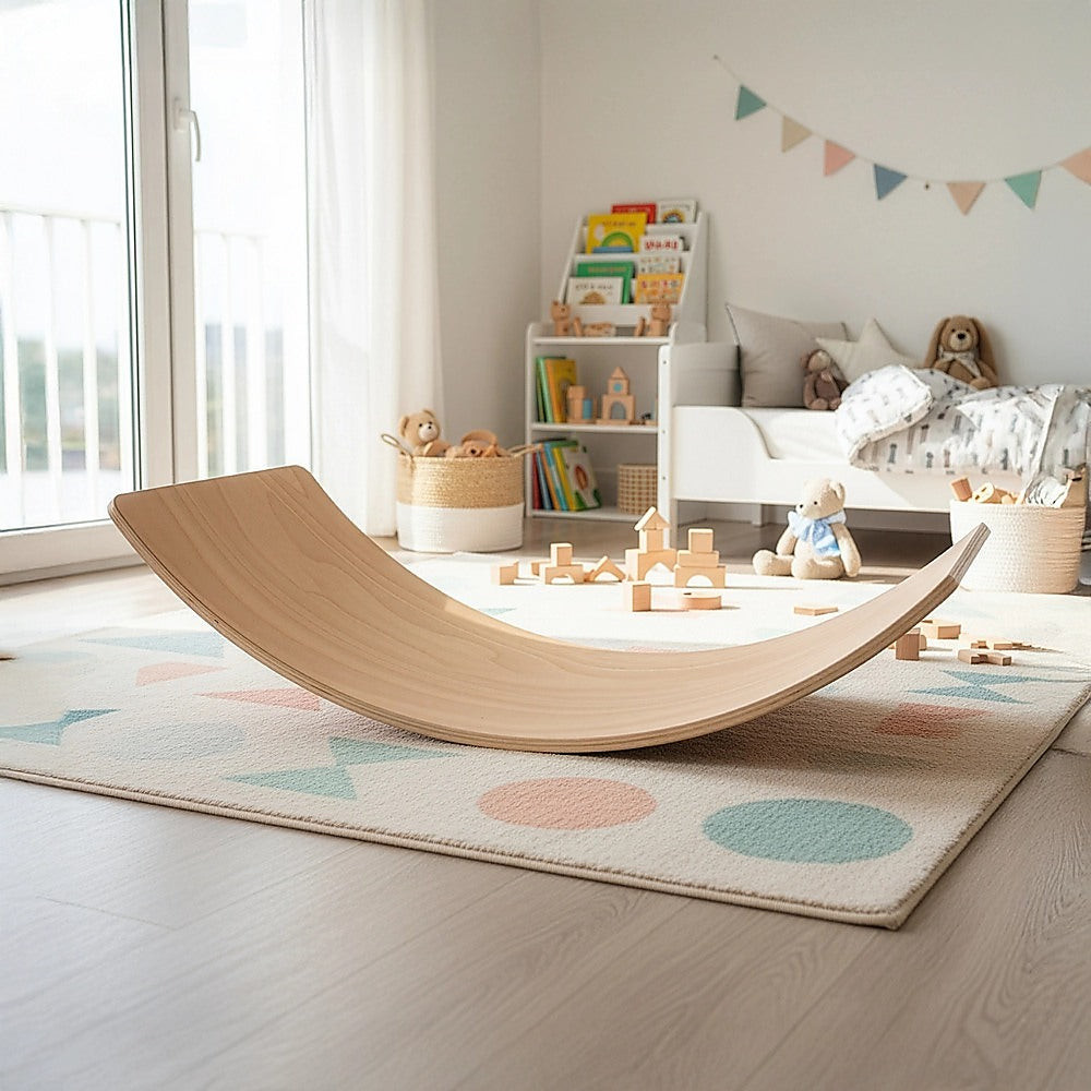 Wooden balance beam seesaw by Hlpmedical for kids and adults, ideal for yoga, exercise, and fitness activities.
