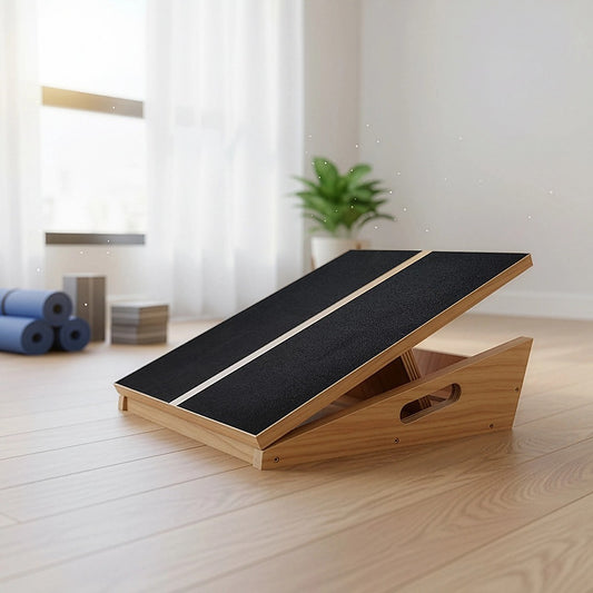 Hlpmedical wooden slant exercise board with adjustable incline and non-slip surface for yoga, Pilates, and fitness workouts.