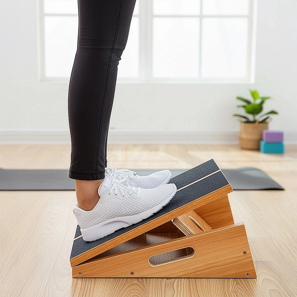 Wooden slant exercise board with adjustable incline and non-slip surface for yoga and fitness workouts by Hlpmedical.