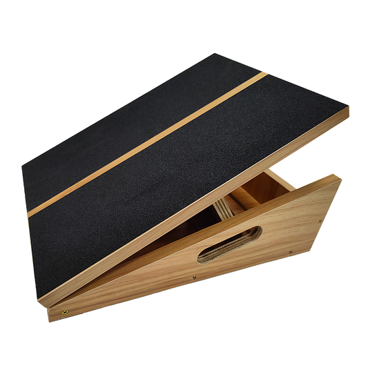 Hlpmedical wooden slant exercise board with adjustable incline and non-slip surface for yoga, Pilates, and fitness workouts.