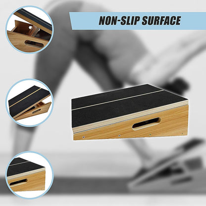 Hlpmedical wooden slant exercise board with adjustable incline and non-slip surface for yoga and fitness workouts.