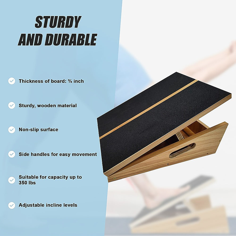 Hlpmedical wooden slant exercise board with adjustable incline and non-slip surface for yoga and fitness workouts.