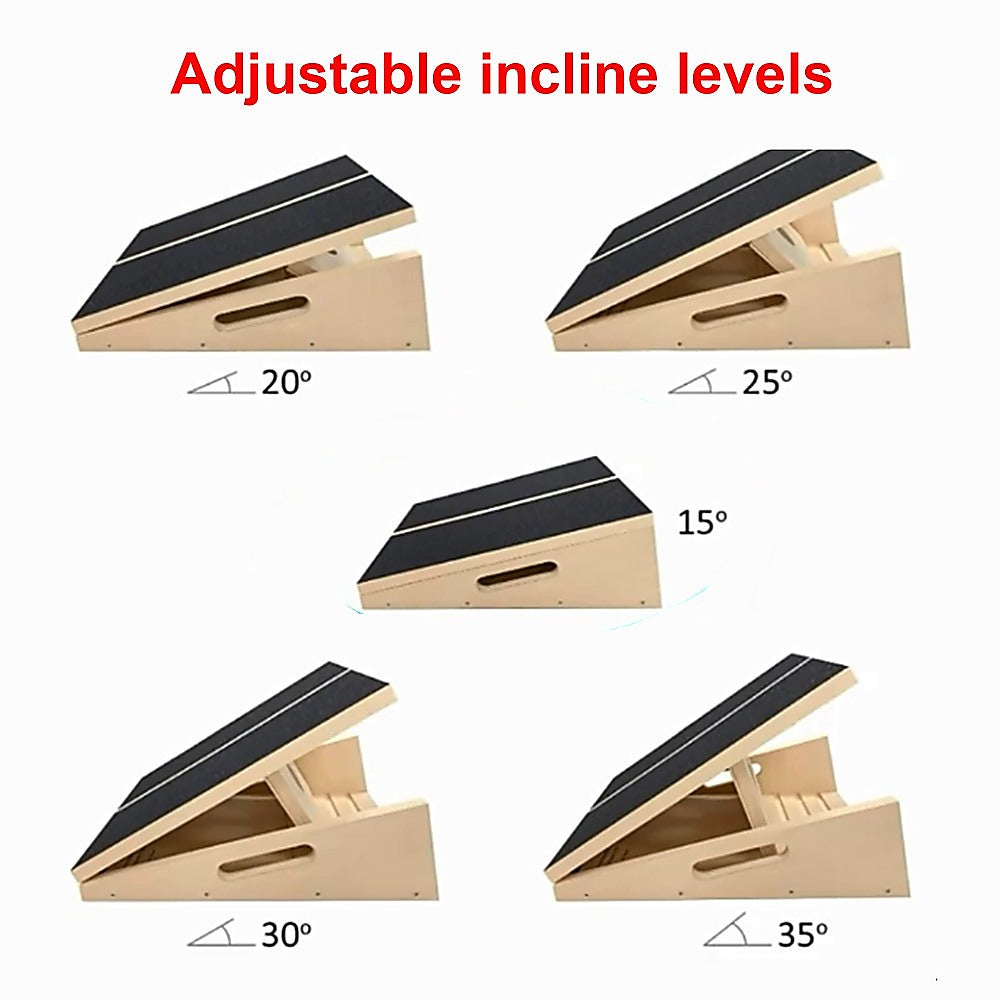 Wooden slant exercise board with adjustable incline and non-slip surface, ideal for yoga, Pilates, and fitness workouts by Hlpmedical.