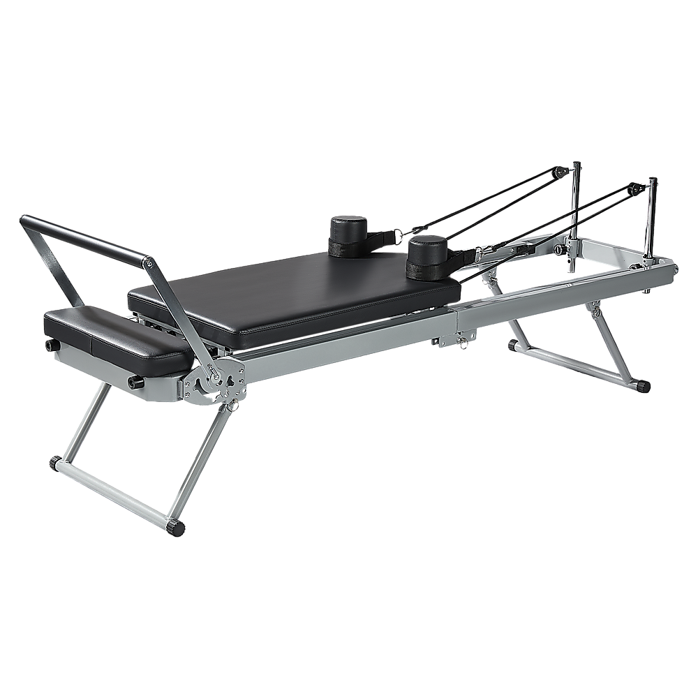 Foldable Hlpmedical Pilates Reformer Machine for yoga and Pilates workouts, featuring adjustable resistance and compact design.