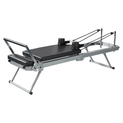 Foldable Hlpmedical Pilates Reformer Machine for yoga and Pilates workouts, featuring adjustable resistance and compact design.