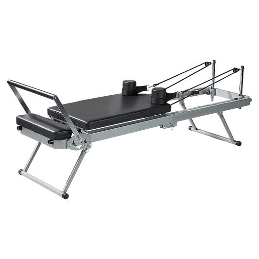 Foldable Hlpmedical Pilates Reformer Machine for yoga and Pilates workouts, featuring adjustable resistance and compact design.