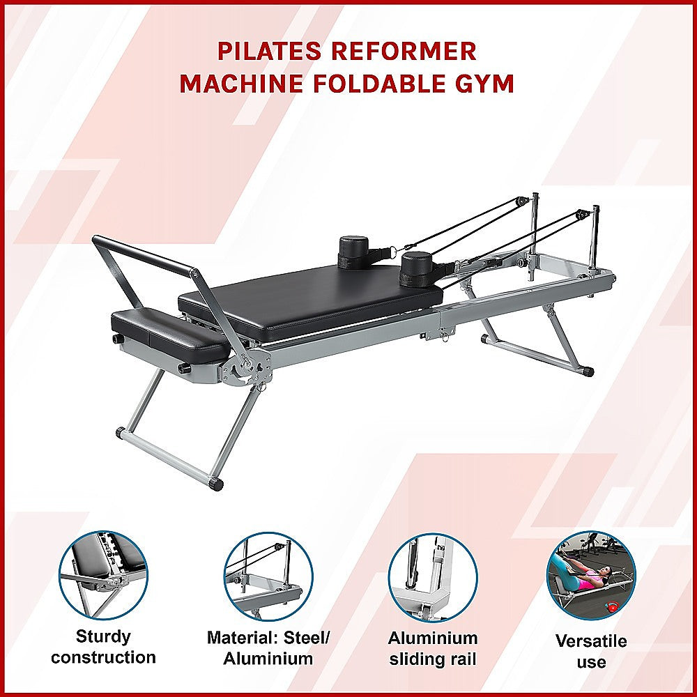 Foldable Pilates Reformer Machine by Hlpmedical showing adjustable resistance springs and padded carriage for at-home Pilates workouts.