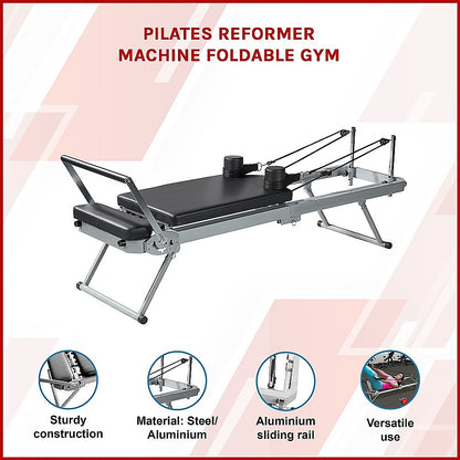 Foldable Pilates Reformer Machine by Hlpmedical showing adjustable resistance springs and padded carriage for at-home Pilates workouts.