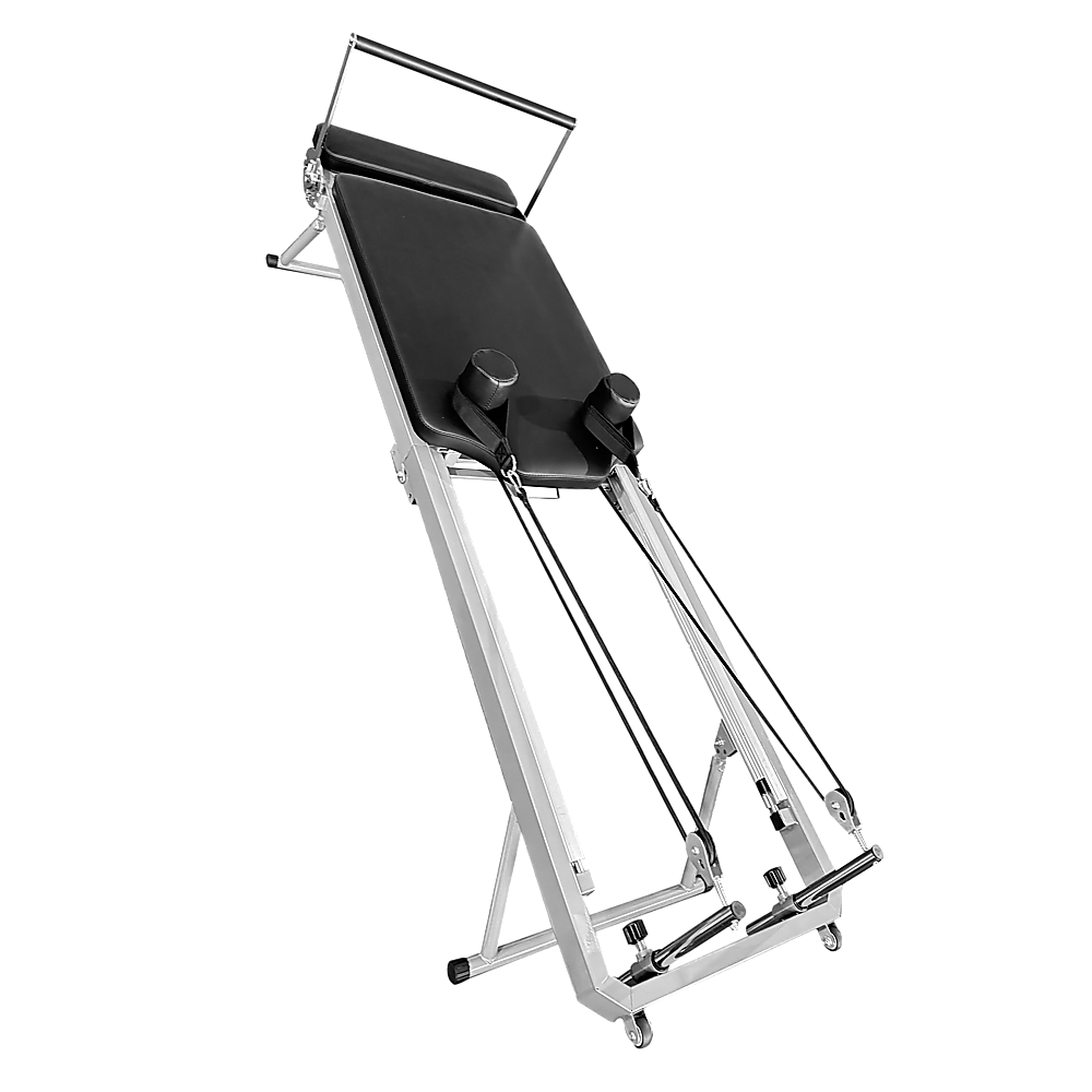 Foldable Hlpmedical Pilates Reformer Machine for yoga and Pilates exercises, featuring adjustable resistance and compact design.