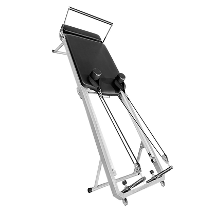 Foldable Hlpmedical Pilates Reformer Machine for yoga and Pilates exercises, featuring adjustable resistance and compact design.