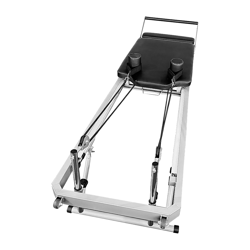 Foldable Hlpmedical Pilates Reformer Machine for yoga and Pilates exercises, featuring adjustable straps and padded carriage.