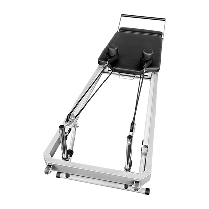Foldable Hlpmedical Pilates Reformer Machine for yoga and Pilates exercises, featuring adjustable straps and padded carriage.
