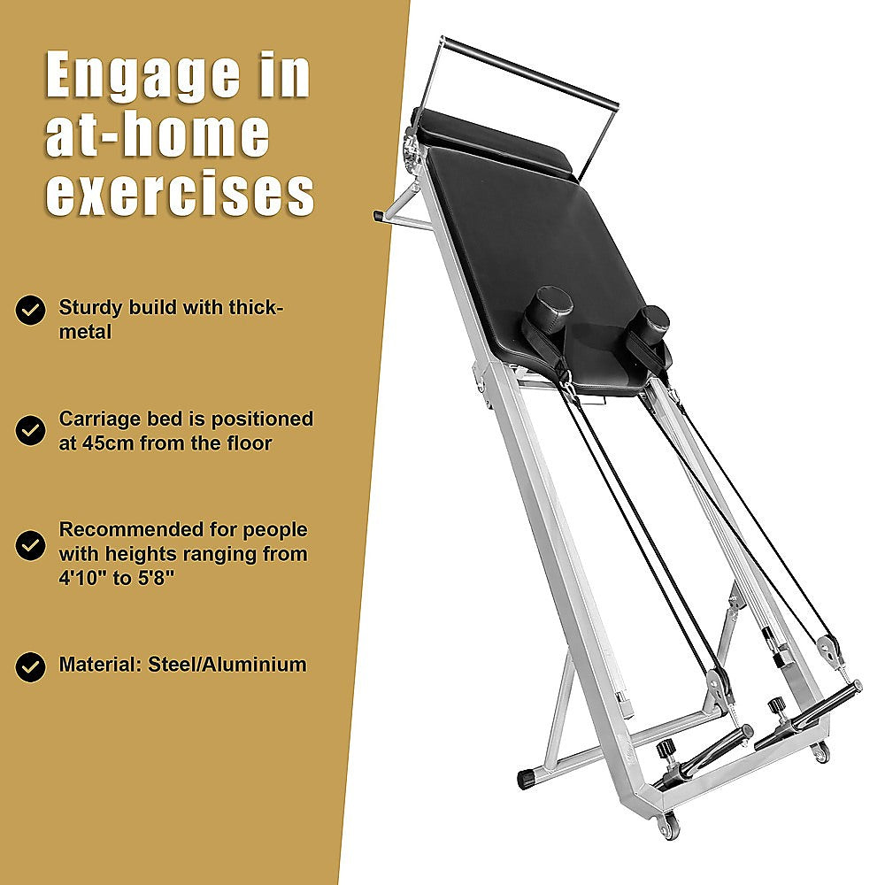 Foldable Hlpmedical Pilates Reformer Machine for yoga and fitness, featuring adjustable straps and cushioned platform for versatile workouts.