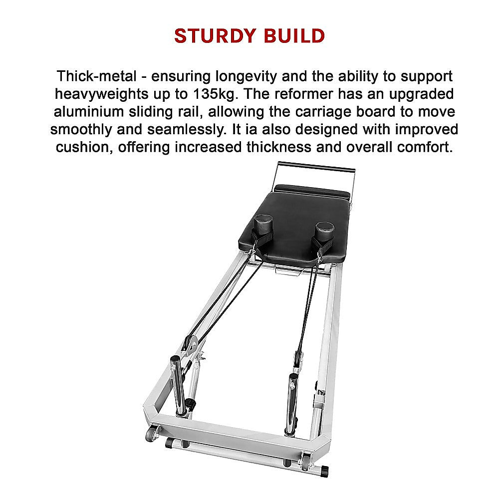 Foldable Hlpmedical Pilates Reformer Machine with adjustable straps and padded carriage for effective yoga and Pilates workouts.