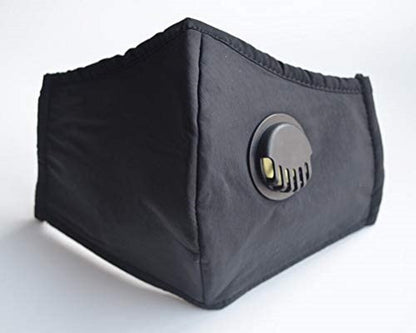 Black reusable adult face mask with adjustable straps and breathing valve, 3-ply for enhanced protection and comfort.